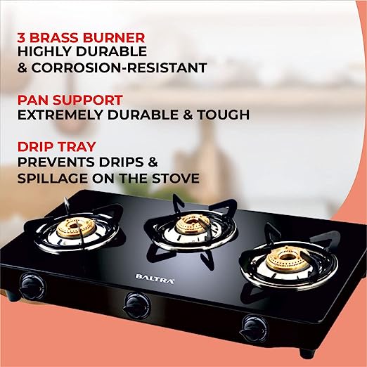 Baltra Glimmer Glass Top Gas Stove 3 Brass Burner Manual Ignition, Black (ISI Certified 2 year warranty with Doorstep Service) Baltra Glimmer Glass Top Gas Stove 3 Brass Burner Manual Ignition, Black (ISI Certified 2 year warranty with Doorstep Service)